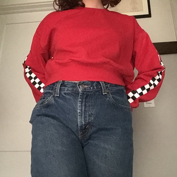 cropped red sweater with checker sleeves - Picture 2 of 2